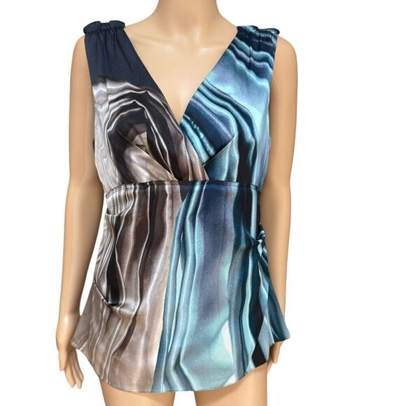 Elie Tahari Blouse Silk Sleeveless Blue Black Swirl Satin Abstract Top size M - Picture 1 of 8